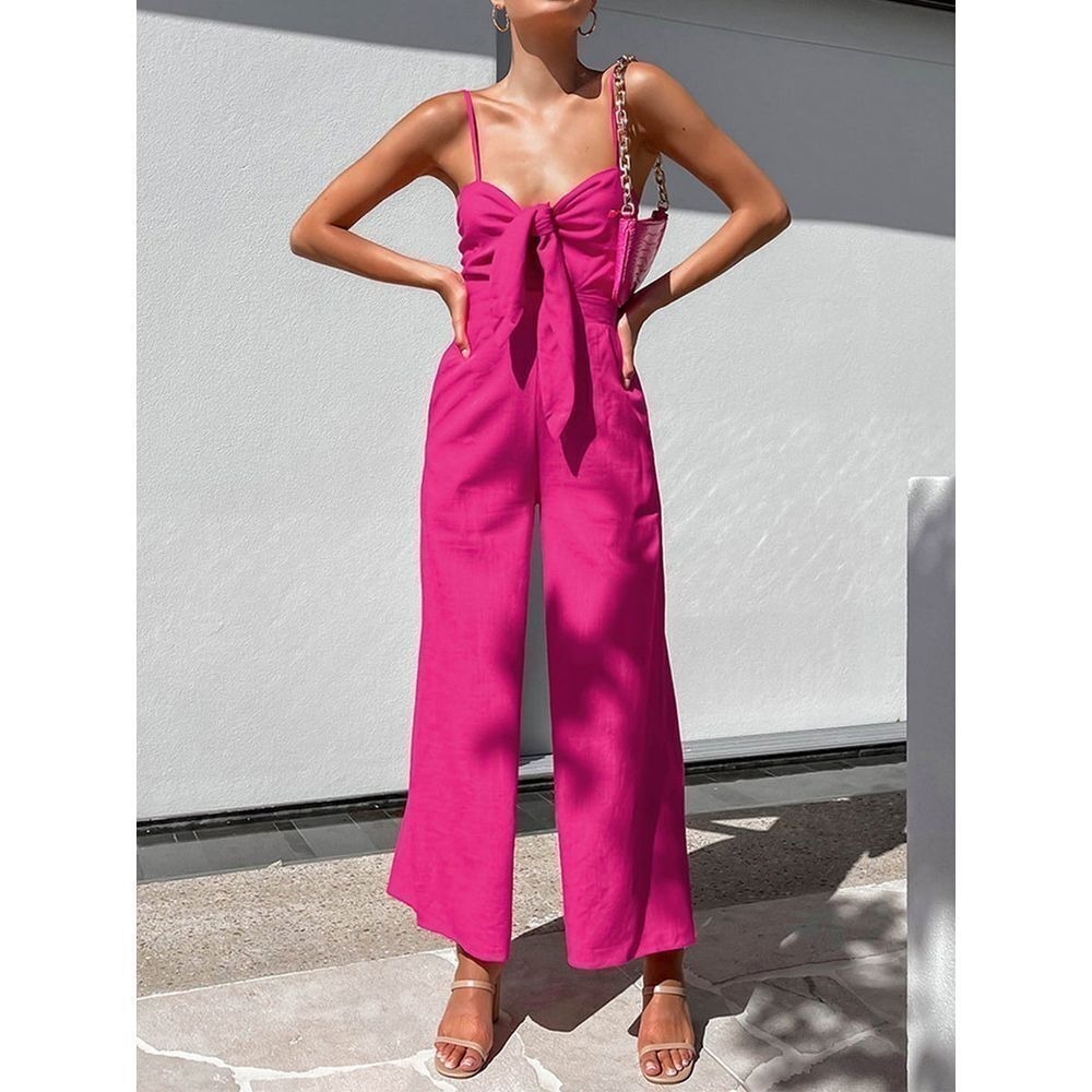 Commense Pink‎ Tie-Front Jumpsuit Wide Leg Sleeveless Casual Cotton Twist XS - Picture 3 of 4